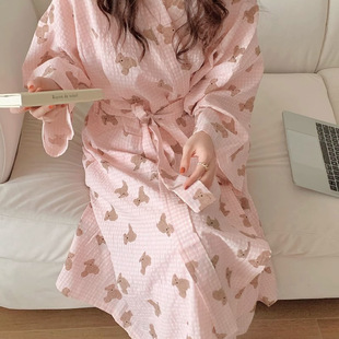 睡袍女春夏新款日系ins风可爱浴袍格子小熊长袖公主风居家服薄款