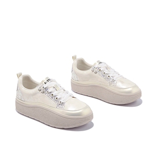 增高4CM厚底真皮牛皮休闲女鞋 亮片运动鞋 系带厚底鞋 子 子2026新款