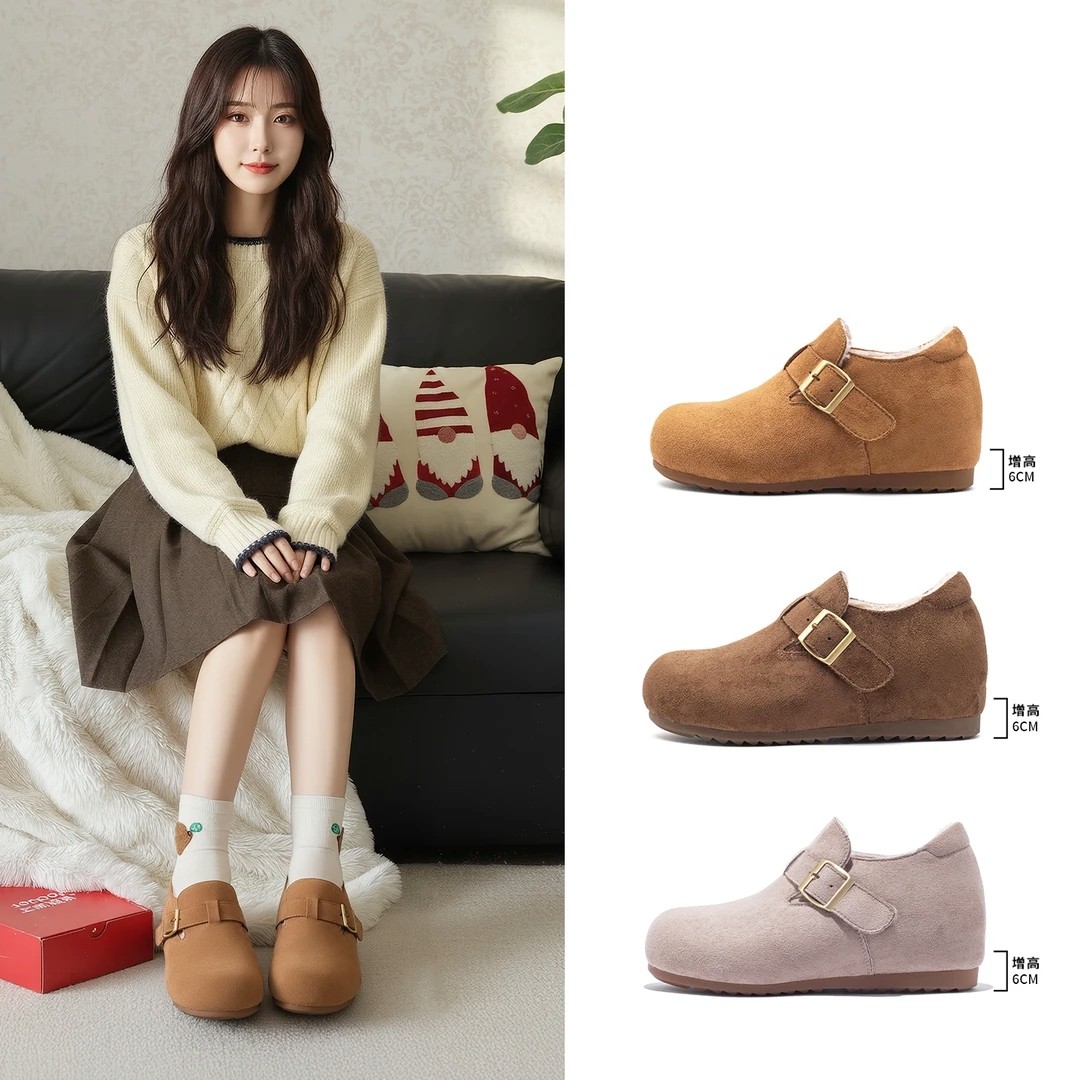 内增高6cm复古真皮加绒软底勃肯鞋2025冬季新款懒人一脚蹬休闲鞋,女鞋,勃肯鞋/软木鞋,淘宝优惠券,粉丝福利购,淘宝优惠卷