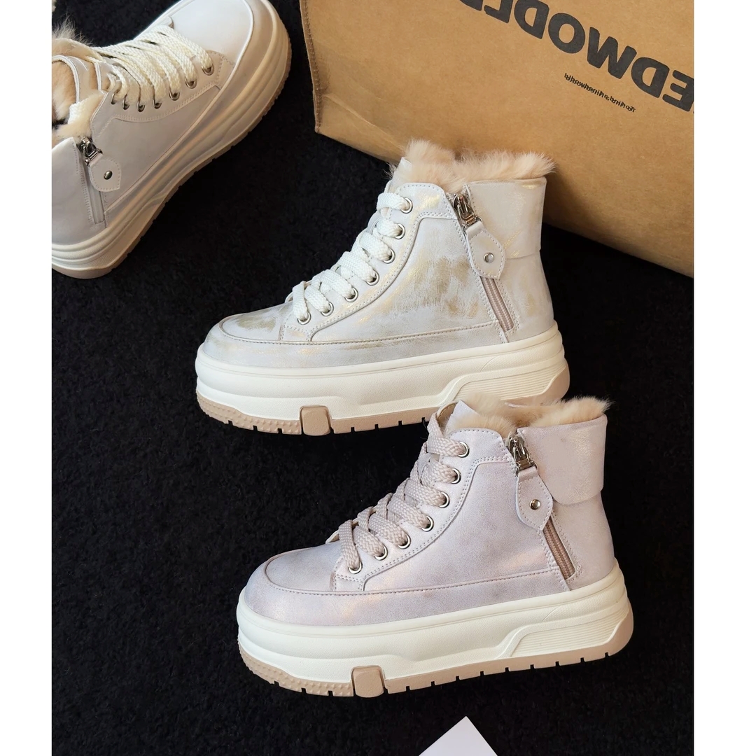 百搭厚底双拉链雪地靴兔毛