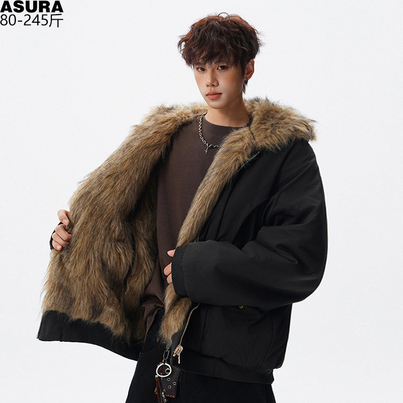 两面穿仿皮草派克服棉衣棉服男士加肥加大码潮牌胖子宽松高街冬装