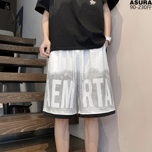 新款 印花冰丝5五分裤 潮流胖子宽松夏季 男生加肥加大码 运动 短裤