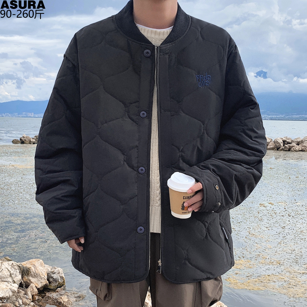 刺绣格纹棒球领棉衣加肥大码外套