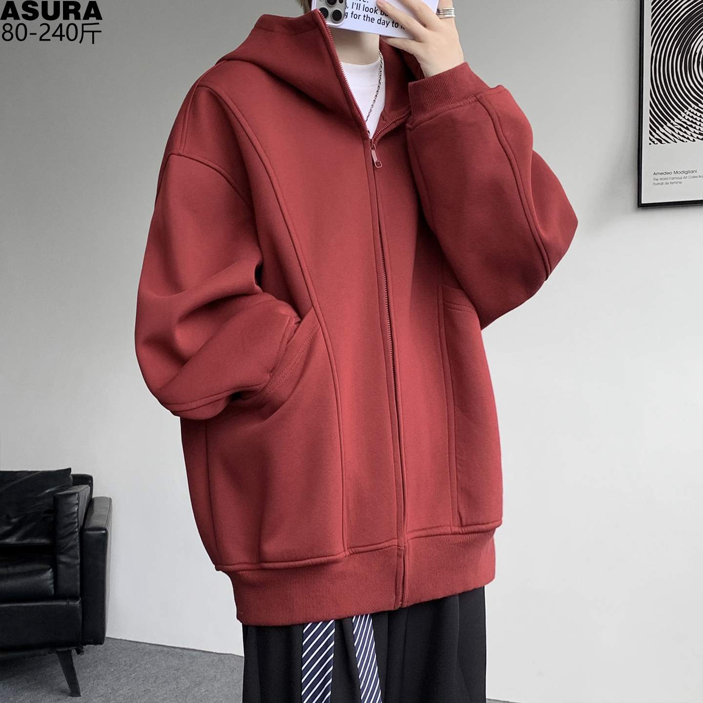红色开衫连帽卫衣男加肥加大码国潮牌胖子宽松休闲外套春秋季帽衫
