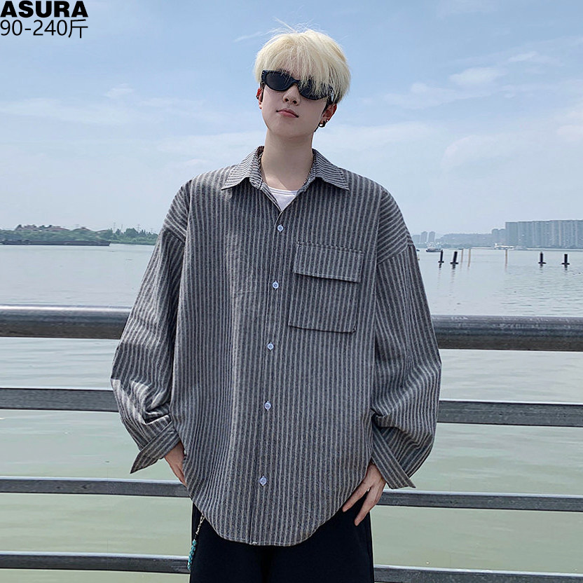 条纹纯棉口袋长袖衬衫男加肥加大码潮流胖子宽松港风中性风春夏装