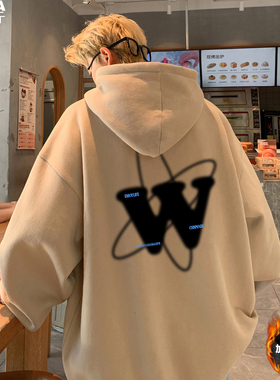 加绒厚款字母卫衣男加肥加大码潮牌胖子重磅连帽宽松套头春秋运动