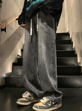 显瘦牛仔长裤男加肥加大码潮牌胖子宽松拖地直筒裤春秋季港风高街