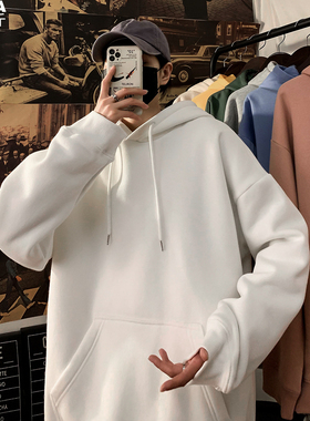 清仓加绒纯色卫衣男加肥加大码潮牌胖子宽松连帽春冬季装百搭港风