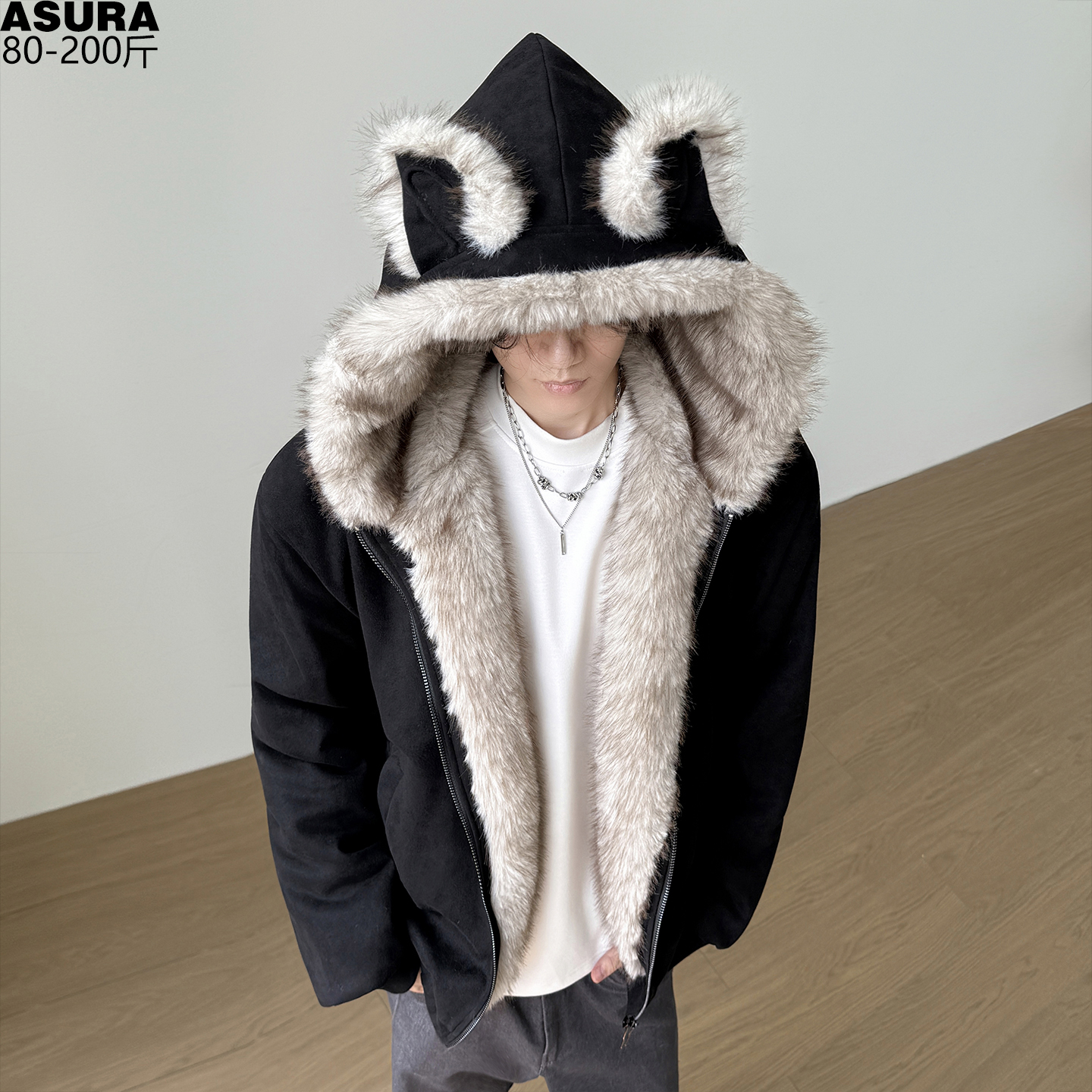 猫耳朵美式座山雕毛毛连帽棉服外套男加肥加大码潮牌胖子宽松冬装