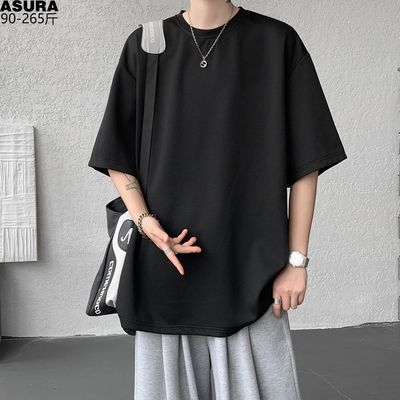 纯色简约五分短袖T恤男加肥加大码潮流胖子宽松百搭薄款内搭夏天