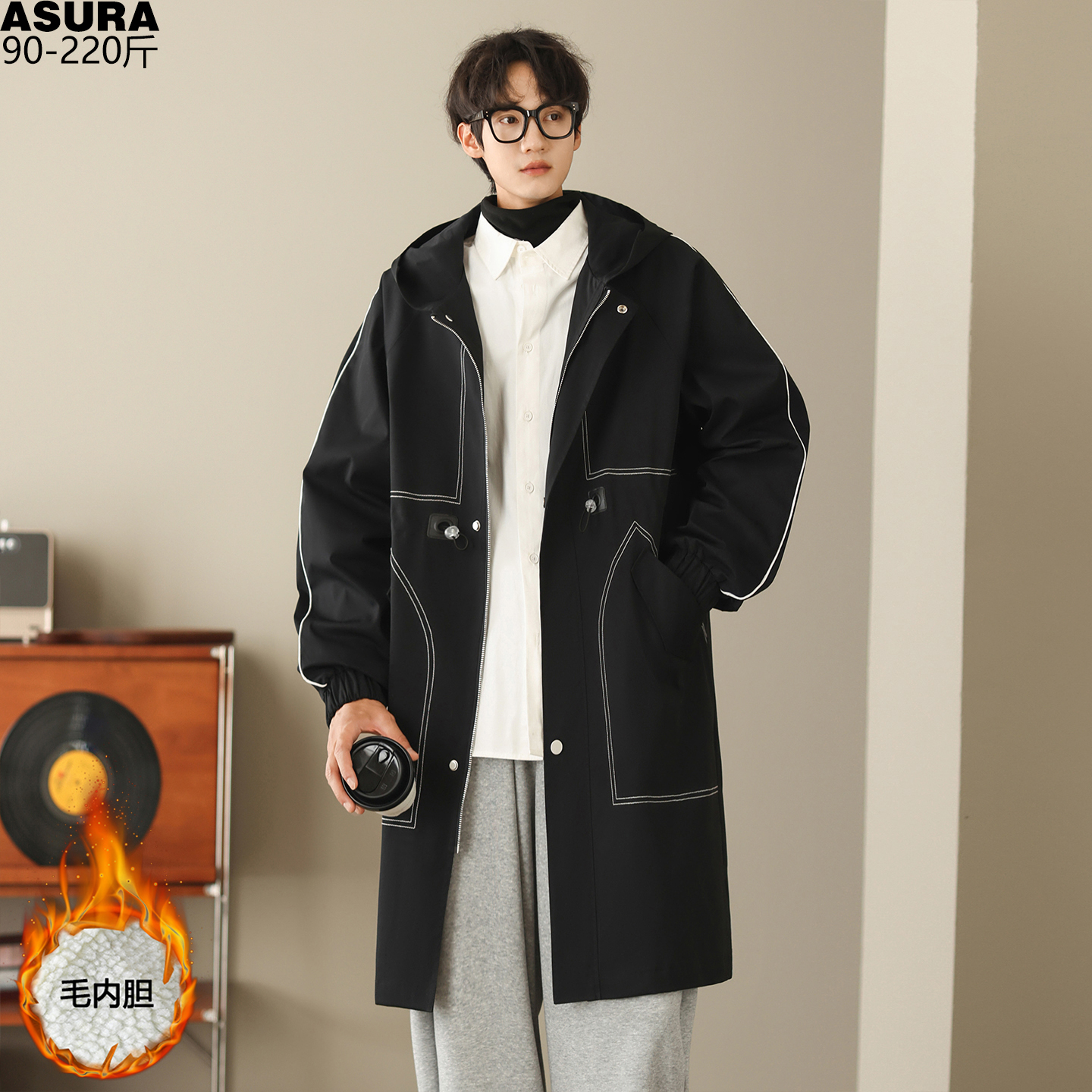 加绒羊羔绒中长款风衣男加肥加大码潮胖子宽松大衣秋冬高级感痞帅