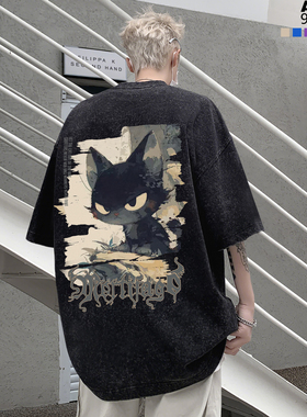 卡通猫咪重磅半短袖T恤男加肥大码潮牌胖子宽松纯棉夏装街头痞帅