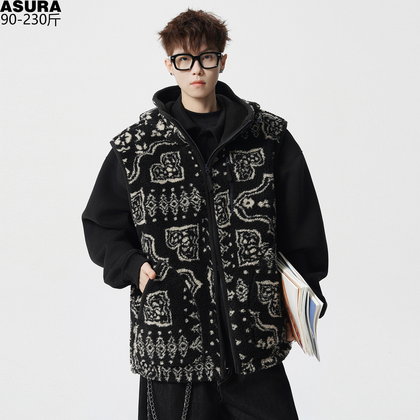 民族风羊羔毛马甲厚款背心男加肥加大码潮牌胖子宽松连帽冬装保暖