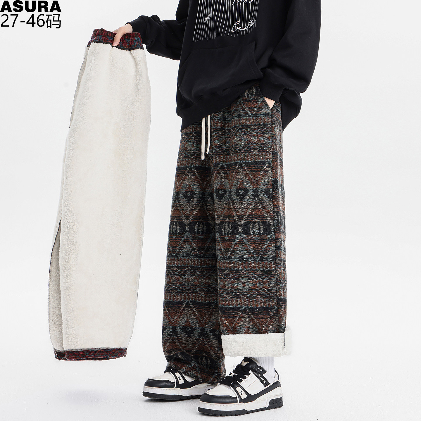重磅民族风羊羔绒裤子男加肥加大码潮牌胖子宽松针织棉裤冬季复古