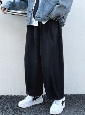 简约阔腿休闲裤男加肥加大码宽松直筒加长裤潮牌胖子春秋季装日系