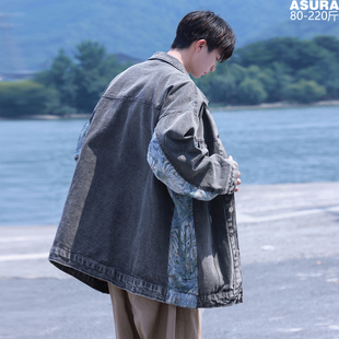 工装拼接牛仔夹克外套男加肥加大码潮流胖子宽松春季街头帅气外穿