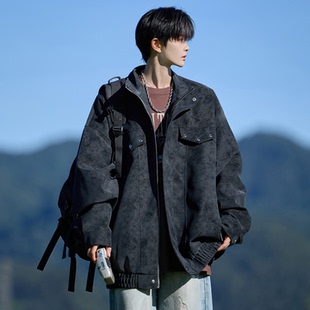 美式扎染复古PU皮衣工装夹克男生加肥大码潮胖子宽松外套春季2026