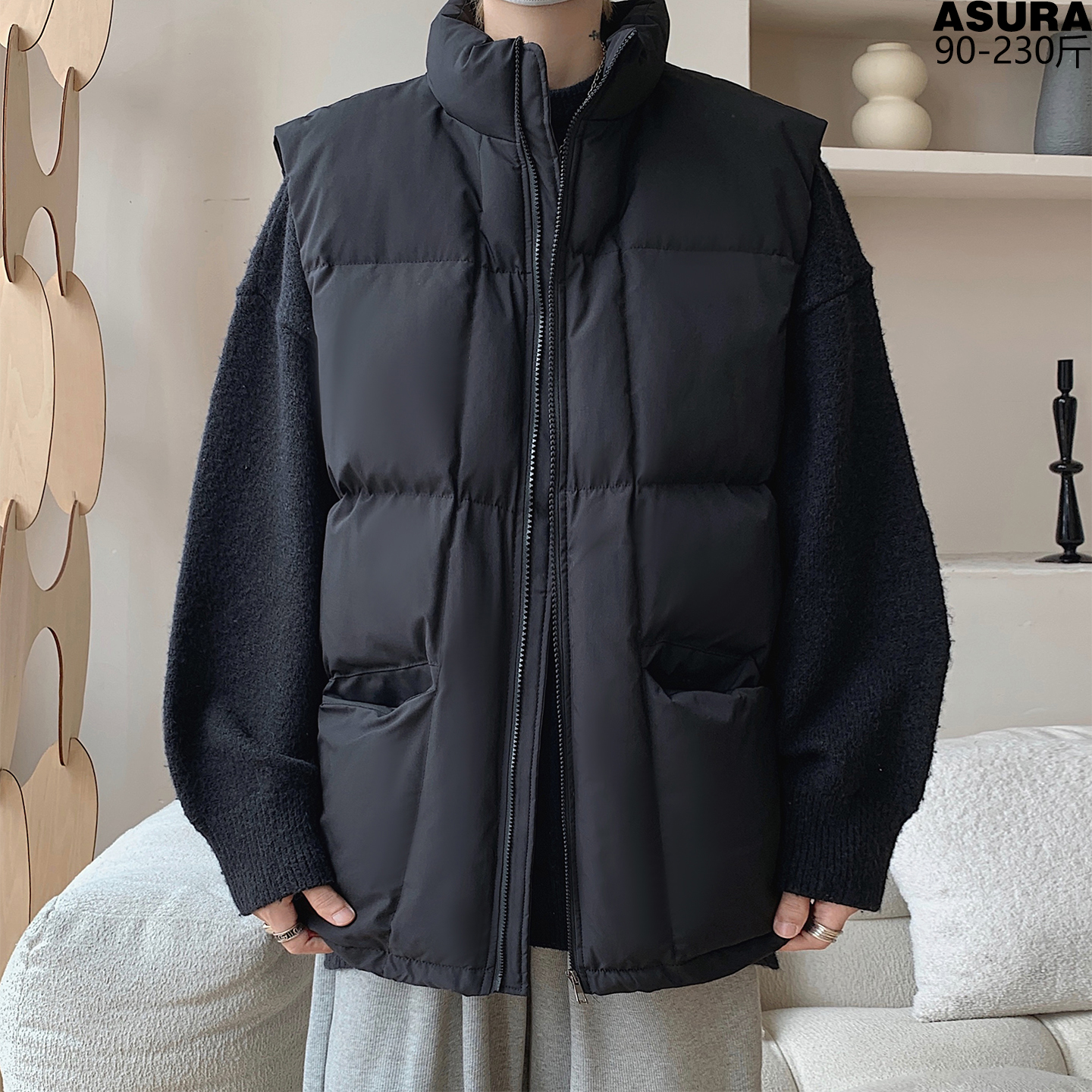 冬季新款纯色棉马甲背心男加肥加大码潮胖子宽松立领百搭棉服日系