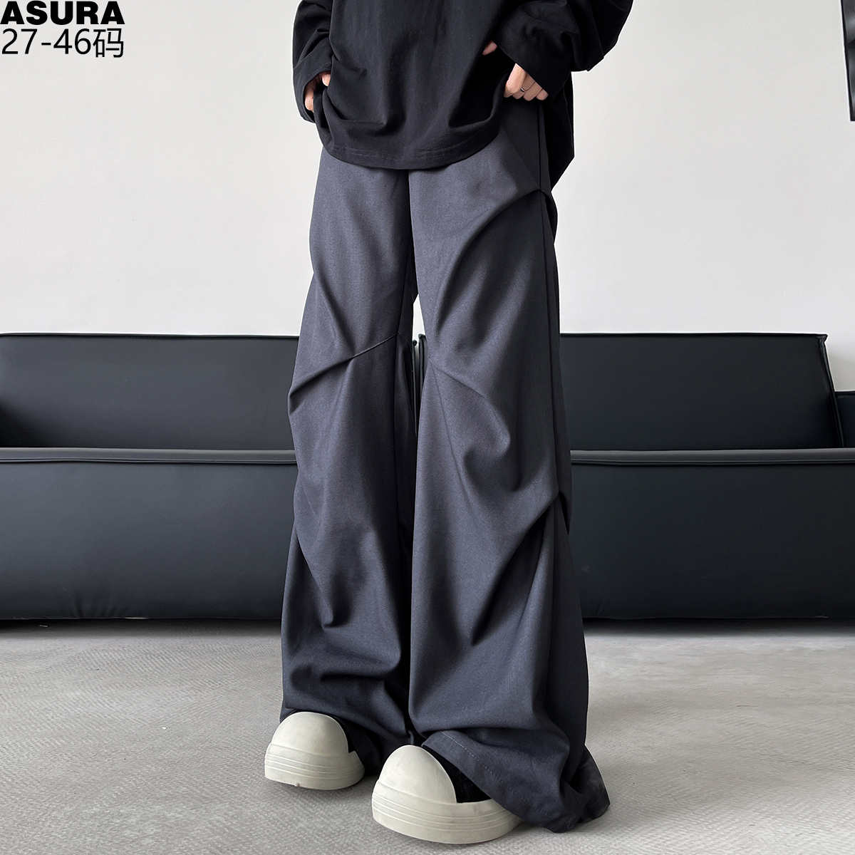 弹力褶皱西裤阔腿长裤男加肥加大码潮牌胖子宽松垂感高街休闲春季