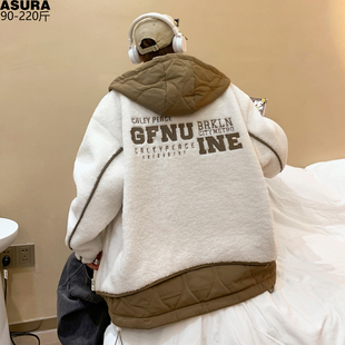 拼料羊羔毛连帽棉衣棉服袄男加肥加大码潮牌胖子宽松刺绣冬装保暖