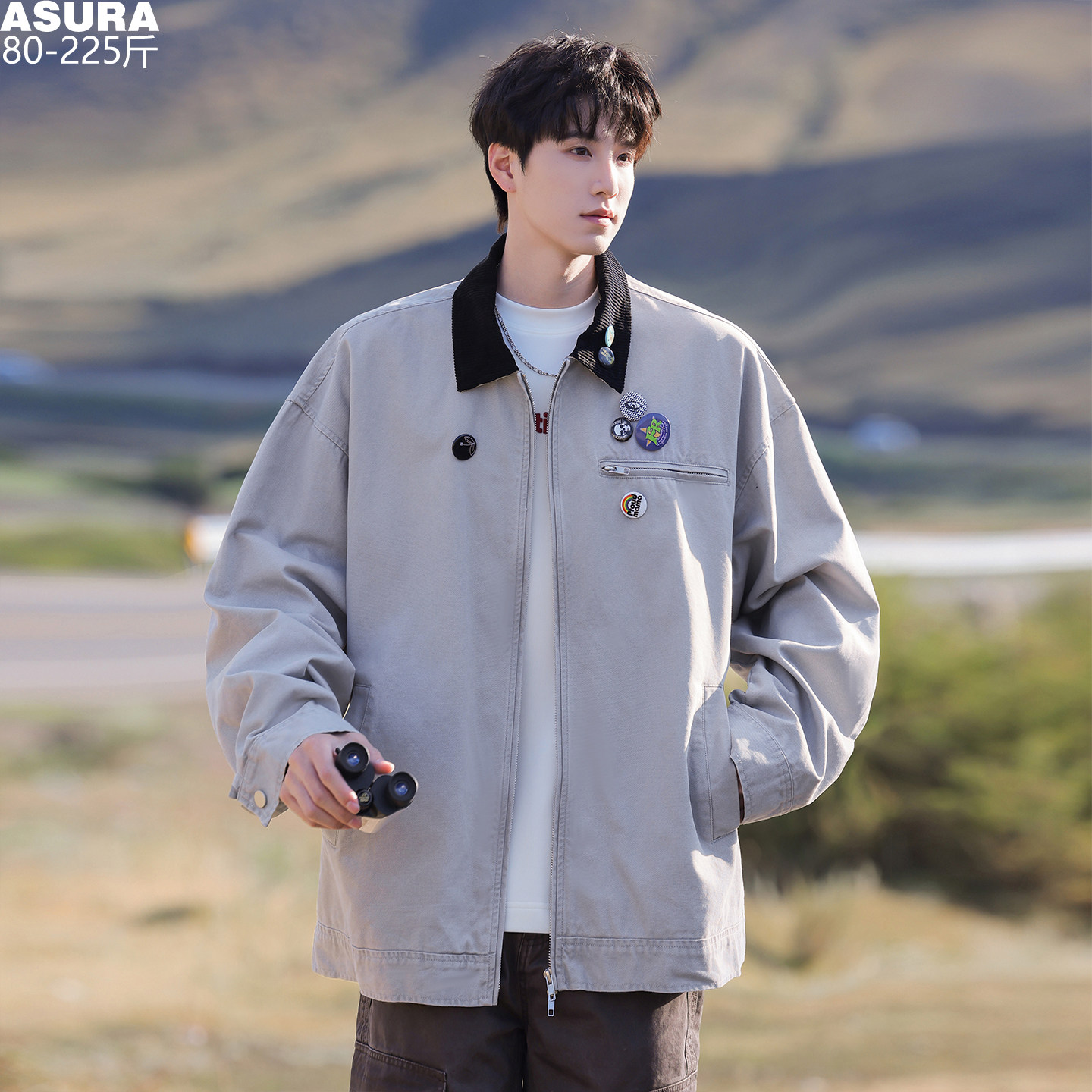 胸章工装水洗做旧夹克男士加肥加大码潮流胖子宽松街头春秋季外套,男装,夹克,淘宝优惠券,粉丝福利购,淘宝优惠卷