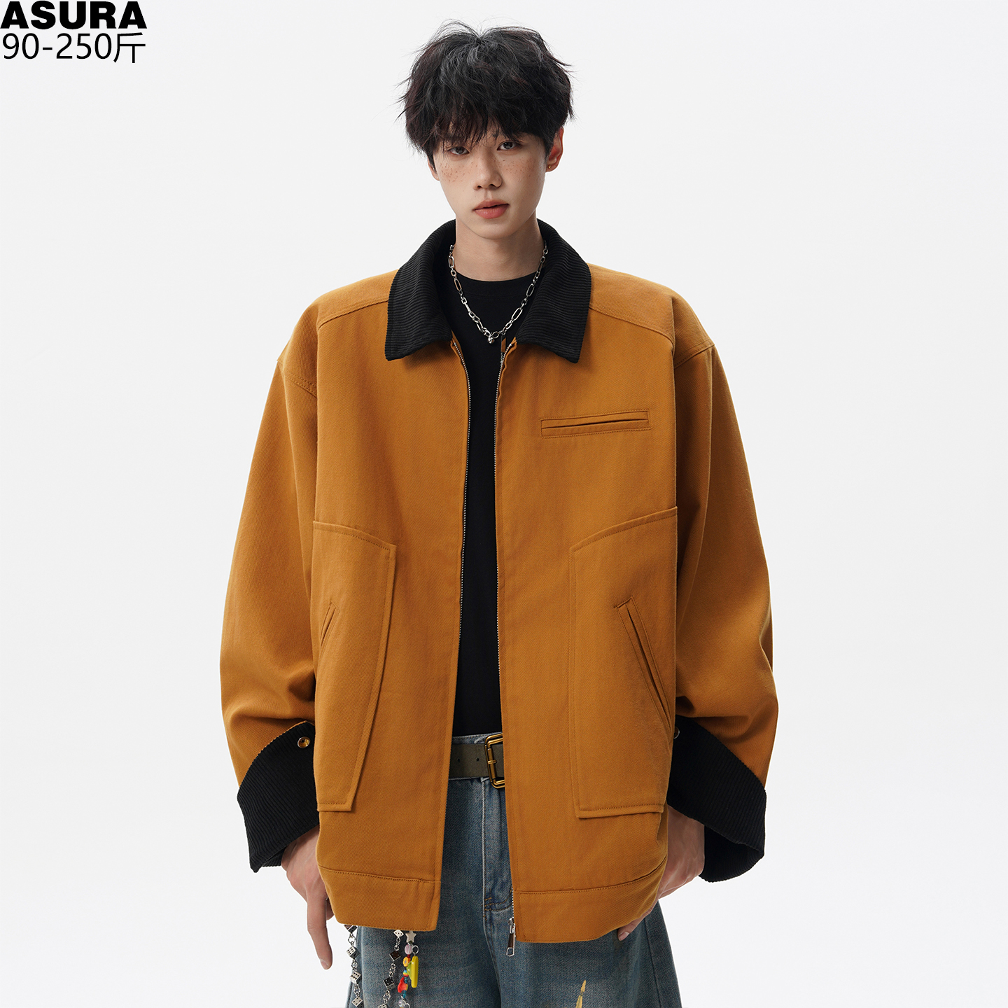 灯芯绒拼接工装夹克男加肥加大码潮胖子宽松美式复古水洗秋季外套