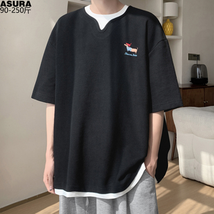 刺绣卡通狗假两件华夫格短半袖 青少年 t恤男加肥大码 潮胖宽松夏装