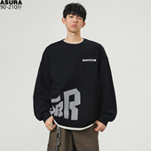 潮胖子宽松长袖 假两件卫衣男春新款 重磅休闲加肥大码 T恤外套运动