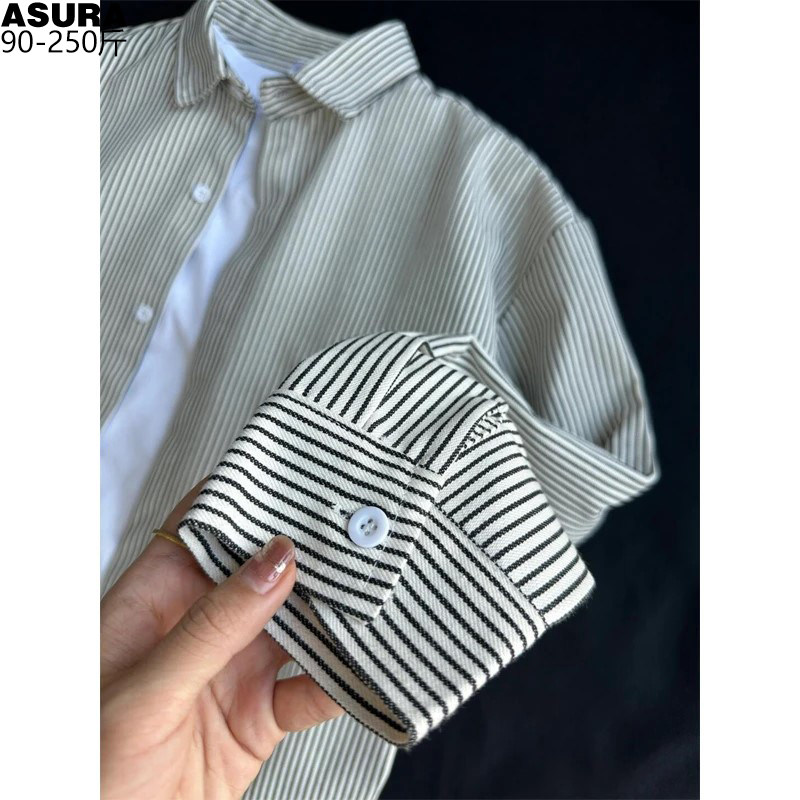 条纹美式长袖衬衫男加肥加大码潮流胖宽松穿搭衬衣春秋季百搭通勤