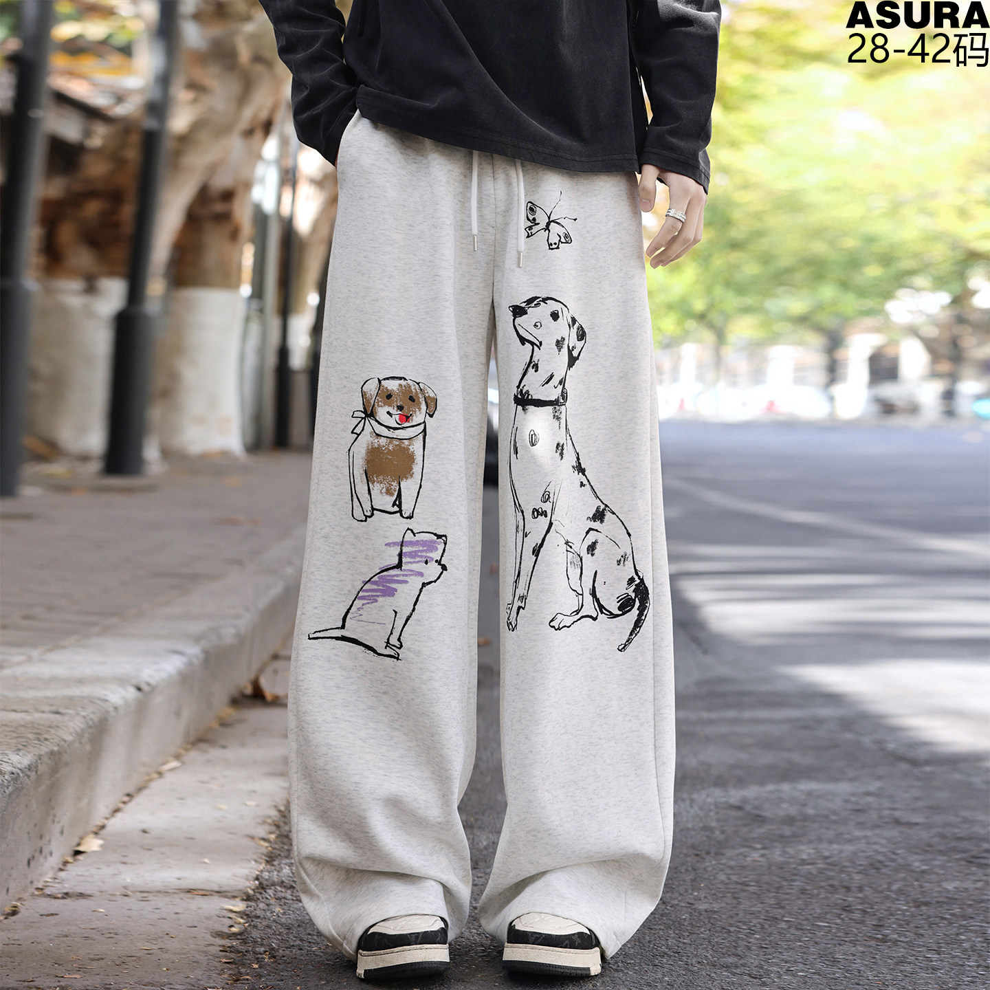 弹力小狗印花直筒卫裤长裤男加肥加大码潮流胖子宽松运动健身百搭
