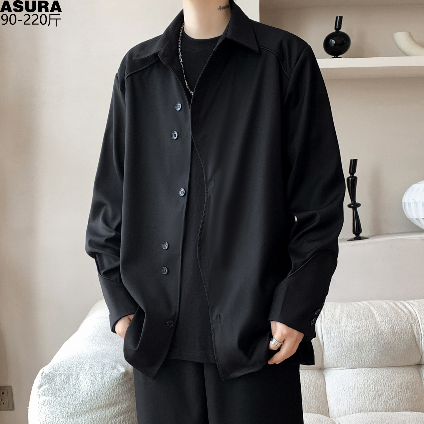 不规则门襟垫肩长袖衬衫男加肥加大码潮牌胖子宽松黑色衬衣秋季装