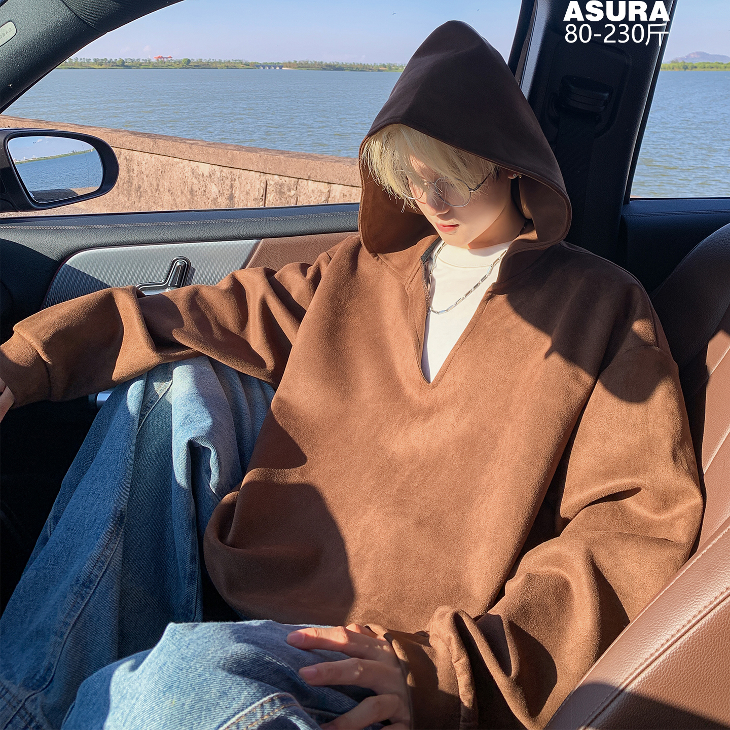 麂皮绒V领连帽卫衣男加肥加大码潮牌胖子宽松式外套头春秋季港风