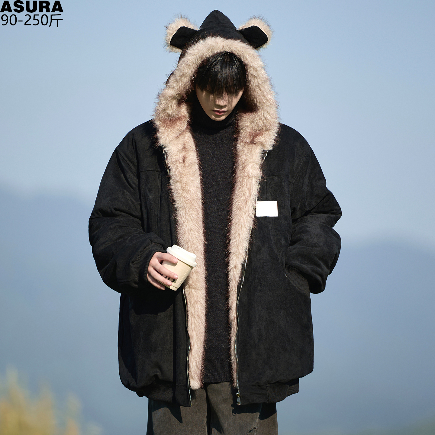 座山雕毛绒门襟棉衣棉服袄男加肥加大码潮牌胖子宽松可爱冬装