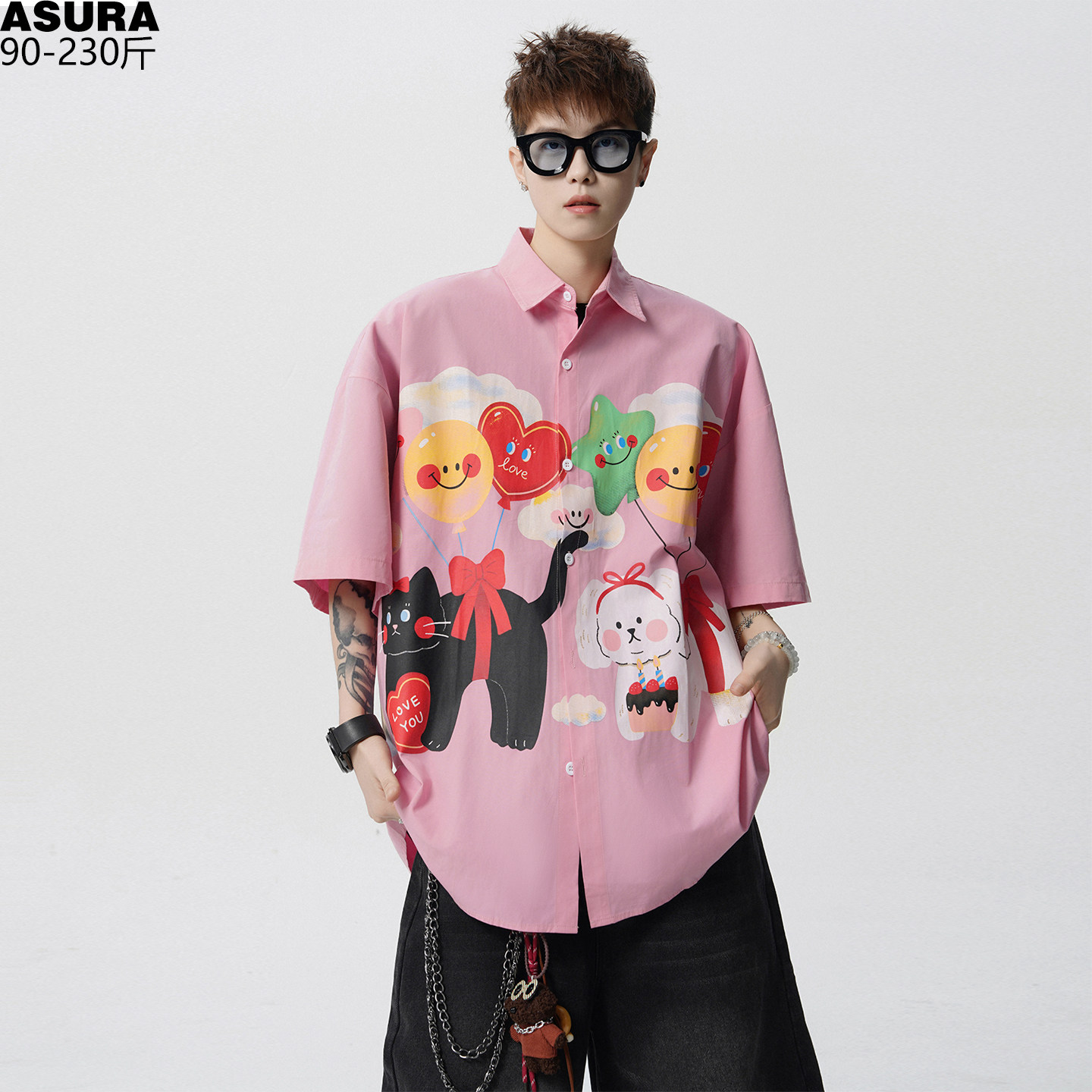 趣味卡通猫狗印花短袖衬衫男女加肥加大码潮牌胖宽松高级感情侣装