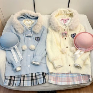 原创jk双子套装 一裙正版 白衫 女学院风秋冬针织毛衣外套 连帽外套