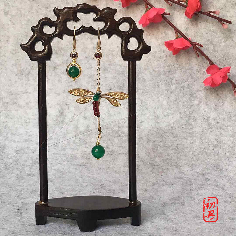 初寻饰品蜻蜓不对称长短耳环女复古国风绿玛瑙镀金耳饰年终热销