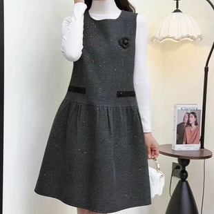 毛呢小香风连衣裙女今年秋冬新款中长款圆领无袖宽松背心裙坎肩裙