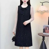 大码 小香风毛呢连衣裙女今年春秋新款 中长款 圆领背心裙打底马夹裙
