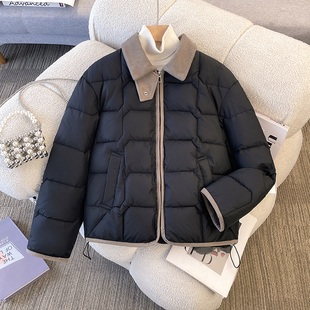 翻领拼色轻薄短款小个子棉衣棉服女今年秋冬休闲裤的减龄棉袄外套