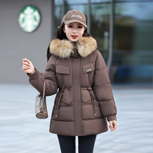 带毛领棉衣棉服女2025冬季新款中长款修身收腰连帽保暖棉袄小外套