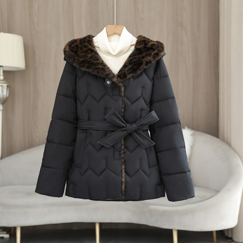 外贸棉衣棉服女今年冬新款短款豹纹连帽修身收腰系带棉袄外套上衣