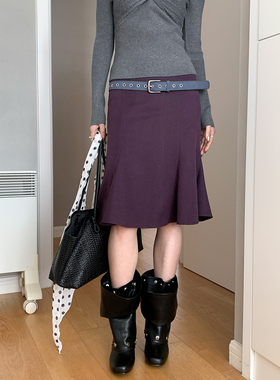 AMBOSC 休闲简约韩系紫色结构设计包臀鱼尾裙春季复古百搭半身裙