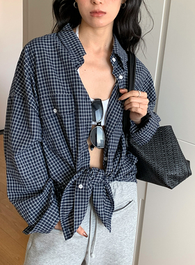 AMBOSC 春季新品慵懒风复古蓝色格纹宽松口袋长袖休闲百搭衬衫女