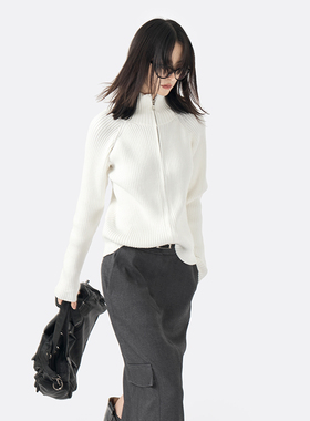 AMBOSC 冬季新品 休闲时髦拉链百搭立领竖坑条修身显瘦毛针织开衫