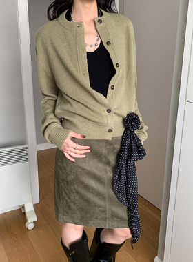 AMBOSC 春季韩国纯色单排扣圆领针织衫女高级感百搭直筒毛衣开衫