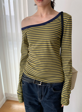 AMBOSC春季新品韩系慵懒风撞色斜肩条纹衫女修身显瘦内搭长袖打底