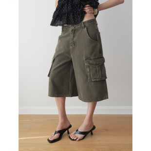 牛仔裤 大口袋阔腿高腰工装 女 复古雅痞水洗磨白五分裤 AMBOSC夏季