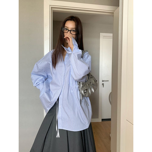 AMBOSC简约休闲蓝色条纹高级感气质长袖衬衫单排扣中长款宽松上衣