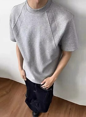 灰色美式正肩短袖男款夏季高级感痞帅硬挺重磅t恤cleanfit半截袖