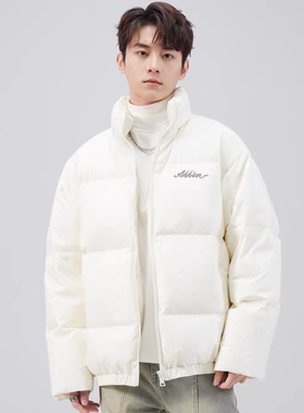ALLIN 白色鸭绒羽绒服男款字母刺绣防寒保暖短款立领冬季休闲外套